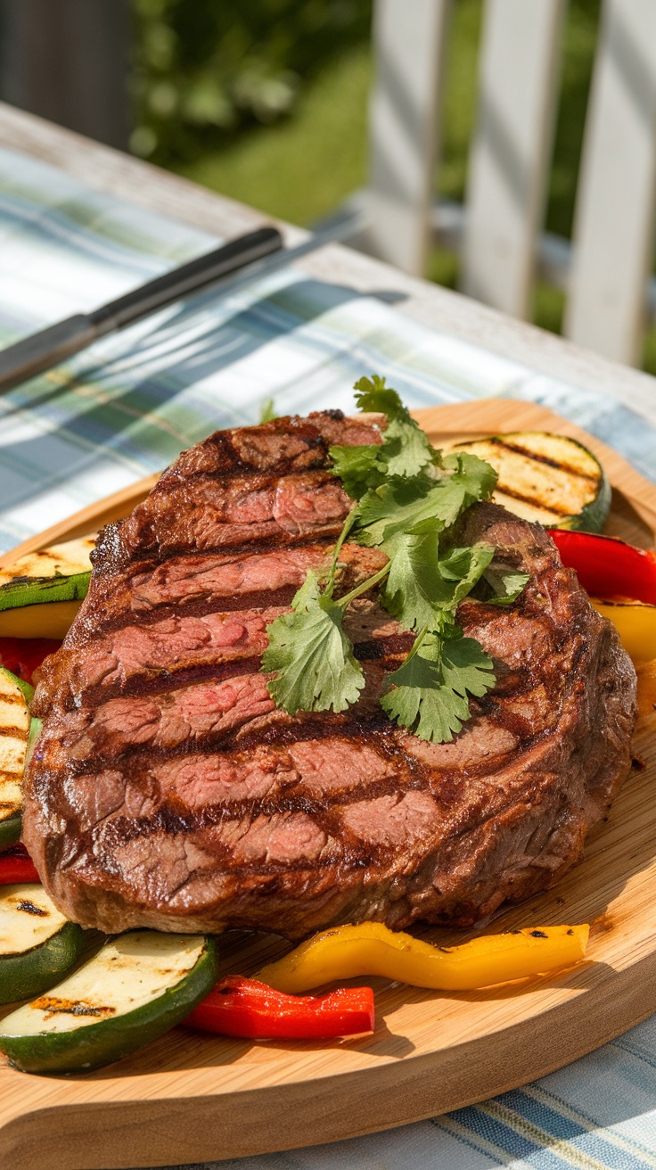 Grilled Key West flank steak garnished with cilantro and served with colorful grilled vegetables.